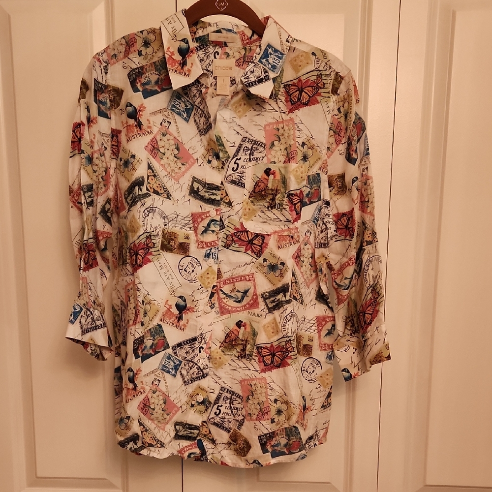 Chico's Linen Multicolor Stamp Print Button Down Shirt